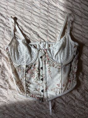 Floral Lace Bustier Corset Top - Cream and Pink